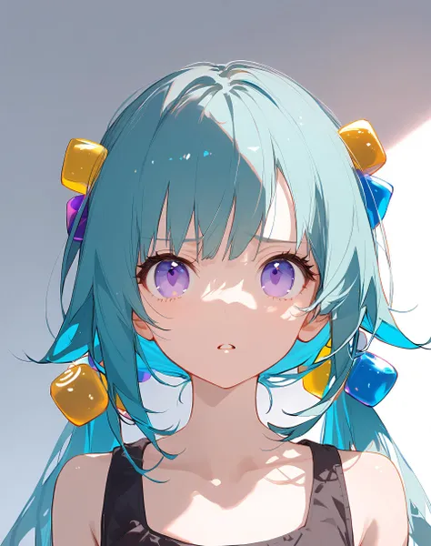 1girl,
cube hair ornament, smiley face, bare shoulders, multicolored hair, twintails, purple eyes, parted lips, expressionless, aqua eyes, head only, furrowed brow, black shirt, shirt, low twintails, long hair, aqua hair, bad shadow, collarbone, hair ornament, two-tone hair
  <lora:a31_style_koni-000010:1>