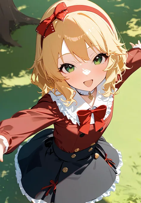 1girl, 
sakurai momoka, idolmaster, 
outstretched arms, tree, smile, shirt, open mouth, medium hair, blonde hair, child, skirt, :d, frilled skirt, bowtie, bow, collar, dress, long sleeves, hairband, buttons, standing, wavy hair, red bow, red shirt, red hairband, frilled shirt, black skirt, white collar, green eyes, blush, frills, solo, looking at viewer, red bowtie, 
masterpiece, newest, absurdres, safe
 <lora:2080ti_ag31_sakurai_momoka-000018:1> <lora:a31_style_koni:1>