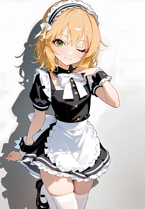 1girl, 
sakurai momoka, idolmaster, 
white apron, apron, blonde hair, dress, frills, solo, maid headdress, green eyes, white thighhighs, bow, white background, one eye closed, short hair, black footwear, bowtie, wrist cuffs, thighhighs, white bowtie, smile, simple background, black dress, maid apron, mary janes, shoes, hairband, standing, zettai ryouiki, full body, looking at viewer, white bow, blush, frilled dress, short sleeves, hand on own chest, white hairband, skindentation, closed mouth, puffy short sleeves, puffy sleeves, 
masterpiece, newest, absurdres, safe
 <lora:2080ti_ag31_sakurai_momoka-000018:1> <lora:a31_style_koni:1>