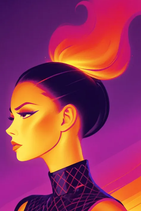 concept poster art ember sleek ponytail, close up shot <lora:Ember_Elemental:1>. digital artwork by tom whalen, bold lines, vibrant, saturated colors, dynamic fusion of retro and contemporary elements <lora:tomWhalen-xl:1.2>