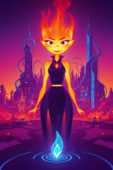 poster of Ember at Elemental City's Technology Hub, Bathed in the Glow of Electrical Lights . digital artwork by tom whalen, bold lines, vibrant, saturated colors <lora:Tom_Whalen_XL:1> <lora:Ember_Elemental:0.8>