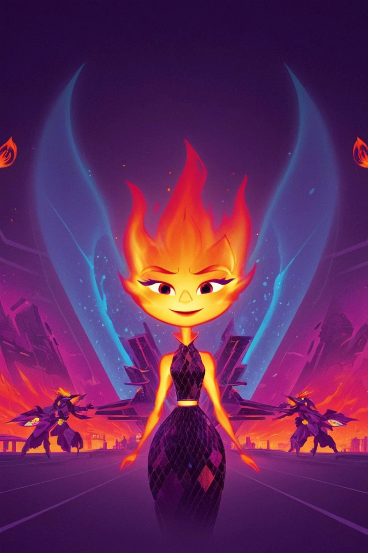 poster of Ember at Elemental City's Technology Hub, Bathed in the Glow of Electrical Lights . digital artwork by tom whalen, bold lines, vibrant, saturated colors <lora:Tom_Whalen_XL:1> <lora:Ember_Elemental:0.8>