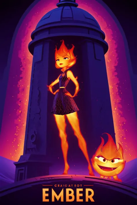 concept poster art ember at cracked, forsaken observatory, full body shot, (wince) <lora:Ember_Elemental:1>. digital artwork by tom whalen, bold lines, vibrant, saturated colors, dynamic fusion of retro and contemporary elements <lora:tomWhalen-xl:1.2>