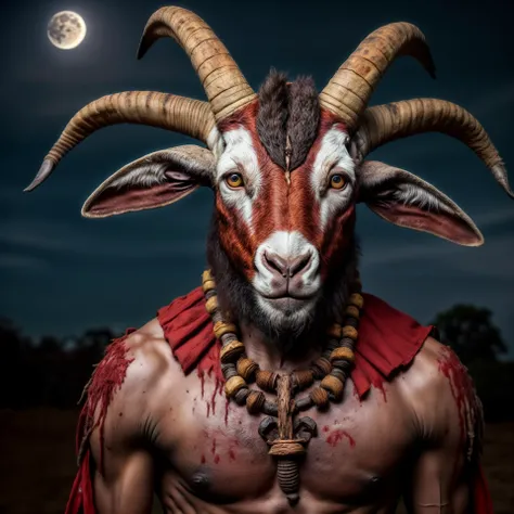 skin pores, African male shaman, goat head, midnight, bloody moon, professional photography, scary, hyperrealistic, highly detailed, 24mm, dim lighting, high resolution <lora:add_detail:2>