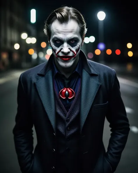 mid shot portrait photo of a real life version of arkham joker <lora:jokerArkhamverseLora_v1-arkhamJoker:0.4> on the street, christopher nolan cinematic LUT