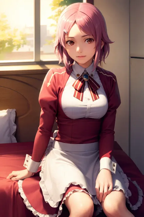 masterpiece, best quality,indoors,bed,sitting,1girl, apron, frills,skirt, shirt, kbxll