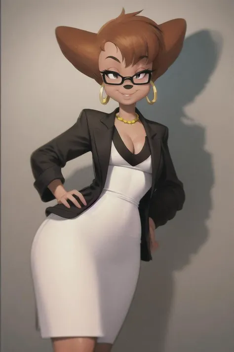 masterpiece, best quality, one girl, solo, detailed face, looking at viewer, black eyes, white office suit,white skirt,gold necklace, seductive smile,left arm on hip,right arm on hip, gold hoop earings,cleavage,black frame glasses, tan Pantyhouse,offiice background,
 <lora:pegpete:1>, detailed skin texture, (blush:0.5), (goosebumps:0.5), subsurface scattering, detailed skin texture, (blush:0.2), (goosebumps:0.3), subsurface scattering