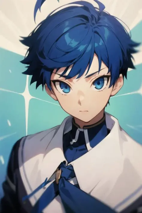 masterpiece, best quality, high quality, 1boy, solo, male focus, looking at viewer, upper body, <lora:schlain_zagan_analeit:0.70>, schlain_zagan_analeit, blue eyes, blue hair, , school uniform
