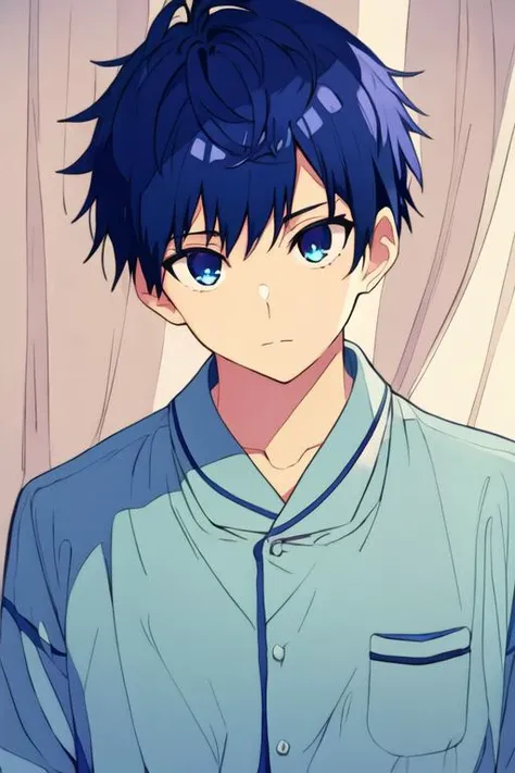 masterpiece, best quality, high quality, 1boy, solo, male focus, looking at viewer, upper body, <lora:schlain_zagan_analeit:0.58>, schlain_zagan_analeit, blue eyes, blue hair, , pajamas