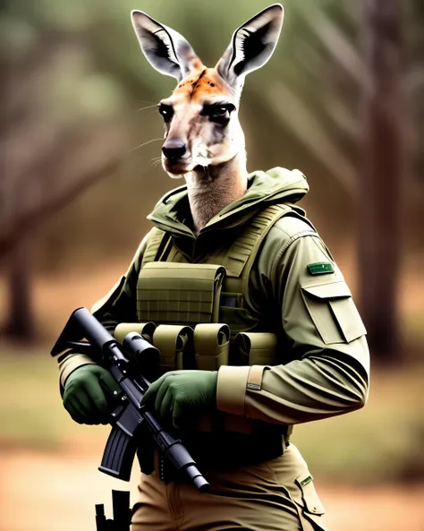 a Kangaroo in a green military uniform holding a rifle., fashion magazine, smooth, sharp focus, 8 k,