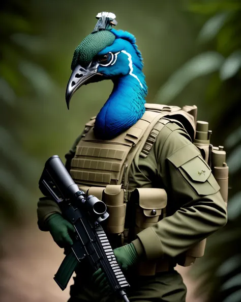 a Peacock in a green military uniform holding a rifle., fashion magazine, smooth, sharp focus, 8 k,