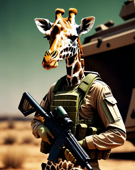 a Giraffe in a green military uniform holding a rifle., fashion magazine, smooth, sharp focus, 8 k,