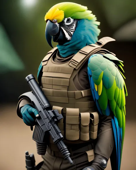 parrot with a gun in its beak, heavily armed, parrot, ready for combat, dressed in tactical armor, armed, avian warrior, par , fashion magazine, smooth, sharp focus, 8 k,