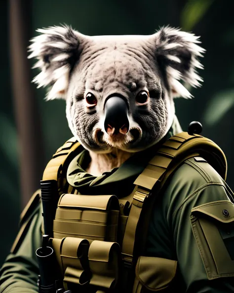 koala wearing a military helmet, wojtek fus, koala, ready for combat, closeup portrait shot, profile picture 1024px, 4 k hd , fashion magazine, smooth, sharp focus, 8 k,