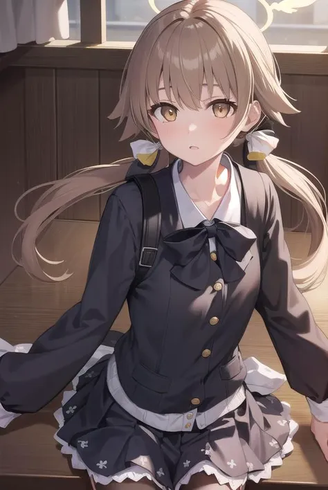 bluearchivehifumi, <lyco:bluearchivehifumi-lyco-nochekaiser:1>, 
hifumi, brown hair, hair between eyes, hair bow, hair ribbon, halo, long hair, low twintails, sidelocks, twintails, wing hair ornament, (brown eyes:1.5), (flat chest:1.),
BREAK black pantyhose, black skirt, long sleeves, pantyhose, pleated skirt, ribbon, school uniform, serafuku, skirt,
BREAK looking at viewer, 
BREAK indoors, classroom,
BREAK <lyco:GoodHands-beta2:1>, (masterpiece:1.2), best quality, high resolution, unity 8k wallpaper, (illustration:0.8), (beautiful detailed eyes:1.6), extremely detailed face, perfect lighting, extremely detailed CG, (perfect hands, perfect anatomy),