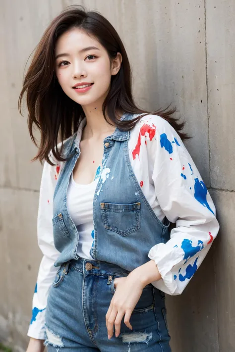 (masterpiece:1.2),1girl,pale_skin,realistic skin,chinese,
(Artist_smock:1.4),(Paint-splattered_jeans:1.3),(canvas),
medium breast,cleavage,vibrant colors,
medium hair,straight_hair,brown hair,
looking away,smile,
cement wall.,