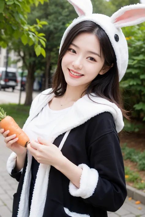 (masterpiece:1.2),1girl,pale_skin,realistic skin,chinese,
A joyful beauty in a fluffy bunny hoodie with long ears, holding a carrot and smiling with the cheekiness of a rabbit,
medium breast,vibrant colors,
black hair,
outdoors,