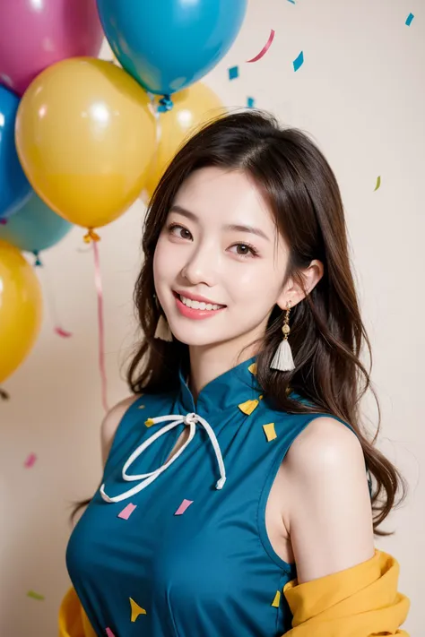 (masterpiece:1.2),1girl,pale_skin,realistic skin,chinese,
A lady with a contagious smile wearing a colorful blouse and dangling earrings, surrounded by balloons and confetti,
medium breast,vibrant colors,
brown hair,