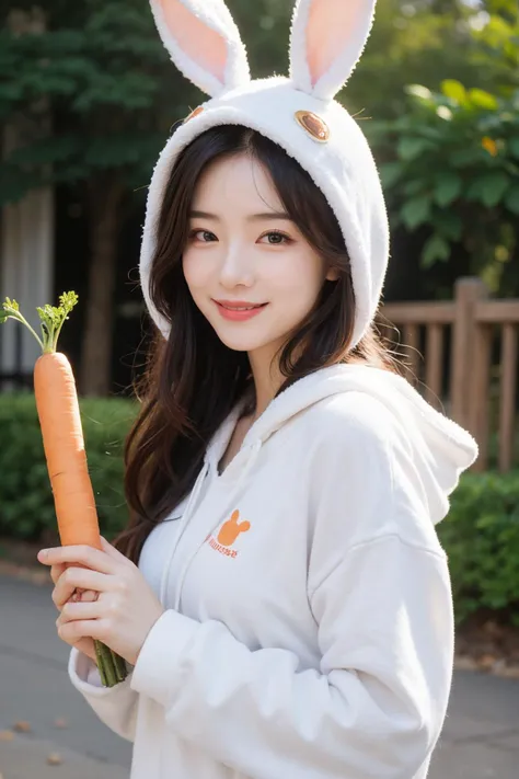 (masterpiece:1.2),1girl,pale_skin,realistic skin,chinese,
A joyful beauty in a fluffy bunny hoodie with long ears, holding a carrot and smiling with the cheekiness of a rabbit,
medium breast,vibrant colors,
__my/hair_color__,
outdoors,