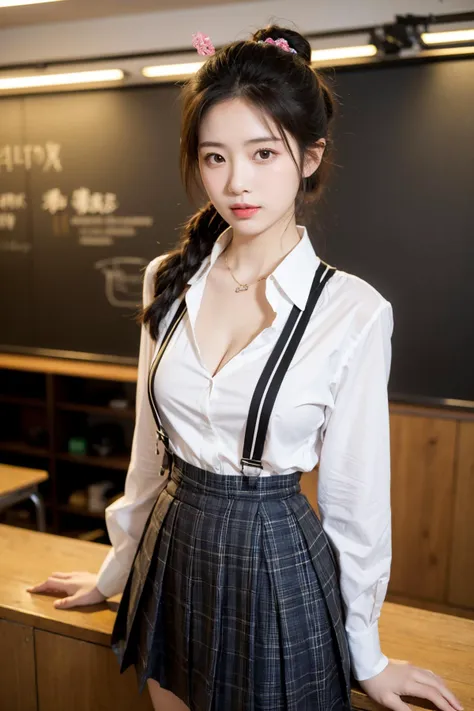 (masterpiece:1.2),1girl,pale_skin,realistic skin,chinese,
medium shot,
standing
(school girl costume, plaid skirt, white blouse, costume party),
medium breast,cleavage,vibrant colors,
black hair Updo,
looking at viewer