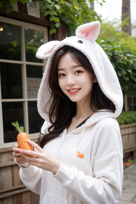 (masterpiece:1.2),1girl,pale_skin,realistic skin,chinese,
A joyful beauty in a fluffy bunny hoodie with long ears, holding a carrot and smiling with the cheekiness of a rabbit,
medium breast,vibrant colors,
__my/hair_color__,
outdoors,