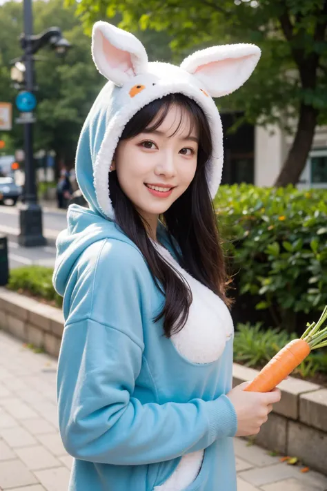 (masterpiece:1.2),1girl,pale_skin,realistic skin,chinese,
A joyful beauty in a fluffy bunny hoodie with long ears, holding a carrot and smiling with the cheekiness of a rabbit,
medium breast,vibrant colors,
__my/hair_color__,
outdoors,