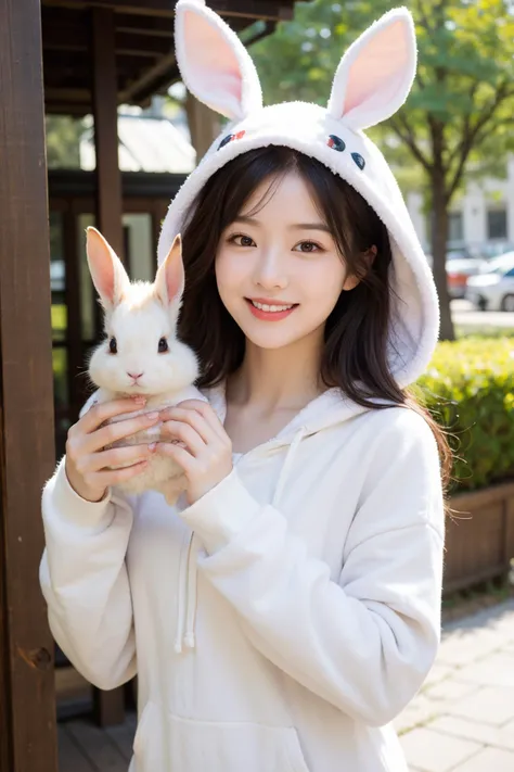 (masterpiece:1.2),1girl,pale_skin,realistic skin,chinese,
A joyful beauty in a fluffy bunny hoodie with long ears, holding a carrot and smiling with the cheekiness of a rabbit,
medium breast,vibrant colors,
brown hair,
outdoors,