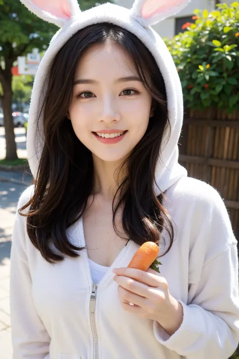 (masterpiece:1.2),1girl,pale_skin,realistic skin,chinese,
A joyful beauty in a fluffy bunny hoodie with long ears, holding a carrot and smiling with the cheekiness of a rabbit,
medium breast,vibrant colors,
brown hair,
outdoors,