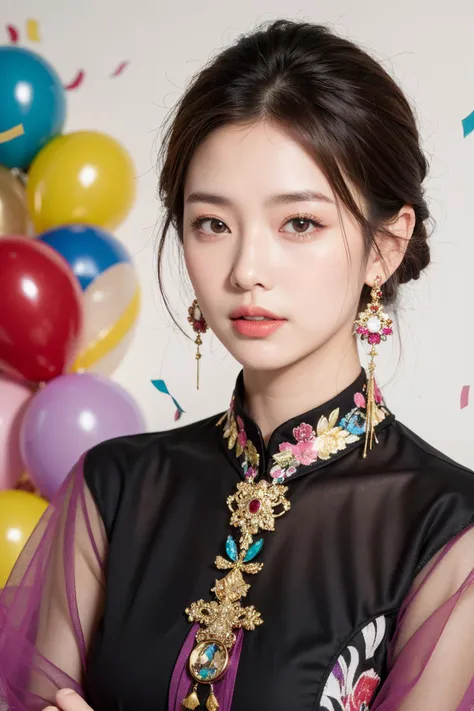 (masterpiece:1.2),1girl,pale_skin,realistic skin,chinese,
A lady wearing a colorful blouse and dangling earrings, surrounded by balloons and confetti,
medium breast,vibrant colors,
brown hair,