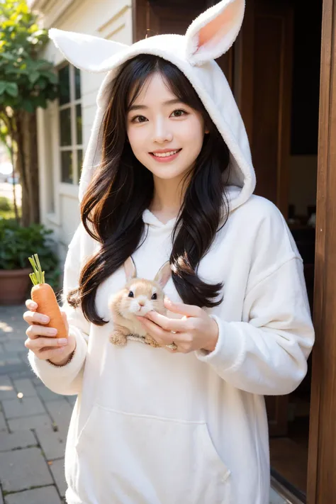 (masterpiece:1.2),1girl,pale_skin,realistic skin,chinese,
A joyful beauty in a fluffy bunny hoodie with long ears, holding a carrot and smiling with the cheekiness of a rabbit,
medium breast,vibrant colors,
black hair,
outdoors,