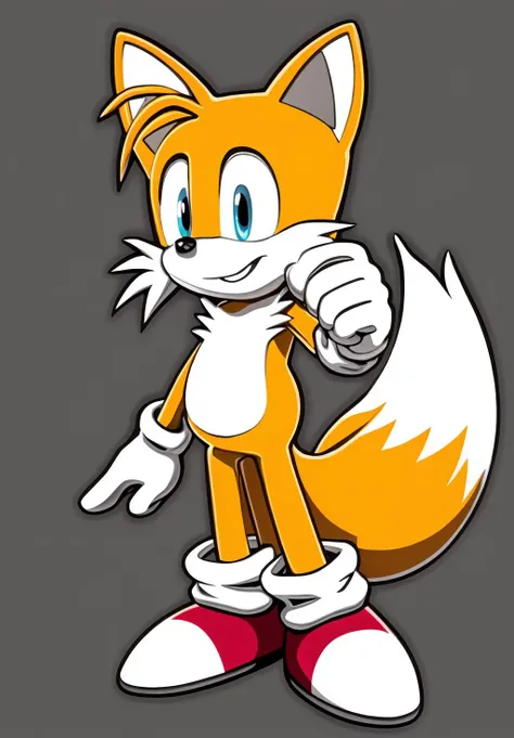 <lora:Tails:0.8>, Tails, solo, looking at viewer, smile, simple background, 1boy, standing, full body, male focus, black background, outline, furry male, fox boy