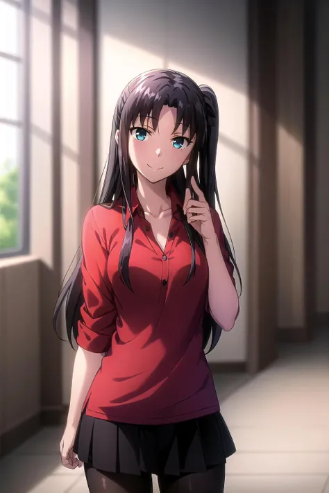 best quality, (masterpiece:1.2), highly detailed,
indoors, head tilt,
<lora:chara_FateStayNightUBW_TohsakaRin(Mature)_v1:0.8>, tohsaka rin,
1girl, solo, standing, looking at the viewer, from front, closed mouth, smile,
long hair, brown hair, blue eyes,
red shirt, collarbone, miniskirt, black skirt, black pantyhose, <lora:style_add_detail:0.2>