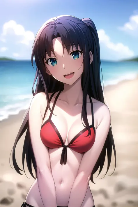 best quality, (masterpiece:1.2), highly detailed,
beach, water, ocean, splash, head tilt, upper body,
<lora:chara_FateStayNightUBW_TohsakaRin(Mature)_v1:0.8>, tohsaka rin,
1girl, solo, standing, looking at the viewer, from front, open mouth, smile,
long hair, brown hair, blue eyes,
red bikini