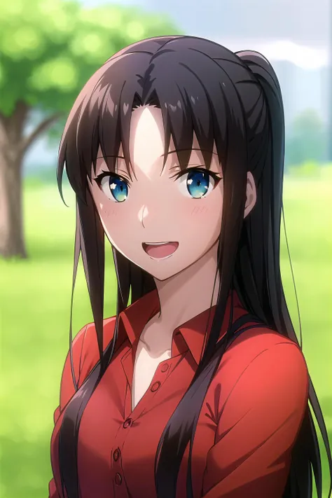 best quality, (masterpiece:1.2), highly detailed,
outdoors, tree, grass,
<lora:chara_FateStayNightUBW_TohsakaRin(Mature)_v1:0.8>, tohsaka rin,
1girl, solo, standing, looking at the viewer, from front, open mouth, smile,
long hair, brown hair, blue eyes,
red shirt, collarbone, miniskirt, black skirt