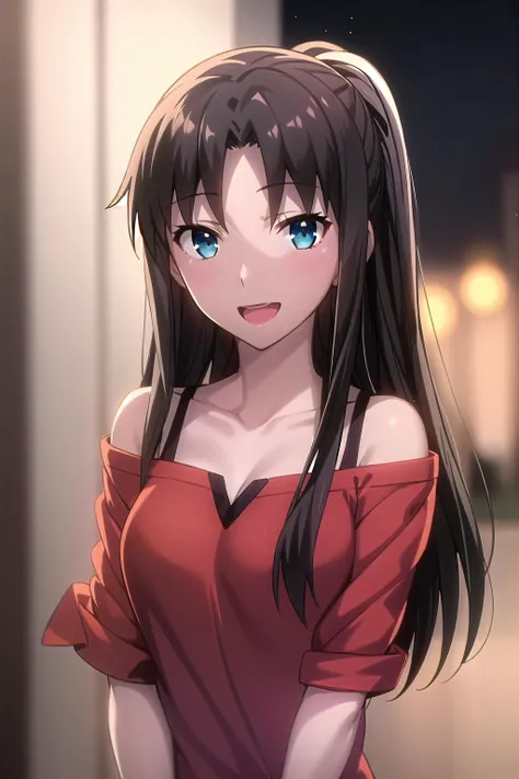 best quality, (masterpiece:1.2), highly detailed,
night, city, upper body,
<lora:chara_FateStayNightUBW_TohsakaRin(Mature)_v1:0.8>, tohsaka rin,
1girl, solo, standing, looking at the viewer, from front, open mouth, smile,
long hair, brown hair, blue eyes,
off shoulder dress, red dress