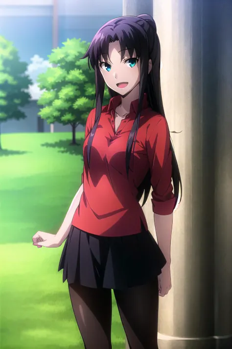 best quality, (masterpiece:1.2), highly detailed,
outdoors, tree, grass,
<lora:chara_FateStayNightUBW_TohsakaRin(Mature)_v1:0.8>, tohsaka rin,
1girl, solo, standing, looking at the viewer, from front, open mouth, smile,
long hair, brown hair, blue eyes,
red shirt, collarbone, miniskirt, black skirt, black pantyhose, <lora:style_add_detail:0.2>