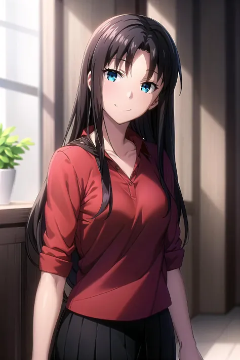 best quality, (masterpiece:1.2), highly detailed,
indoors, head tilt, upper body,
<lora:chara_FateStayNightUBW_TohsakaRin(Mature)_v1:0.8>, tohsaka rin,
1girl, solo, standing, looking at the viewer, from front, closed mouth, smile,
long hair, brown hair, blue eyes,
red shirt, collarbone, miniskirt, black skirt, <lora:style_add_detail:0.2>