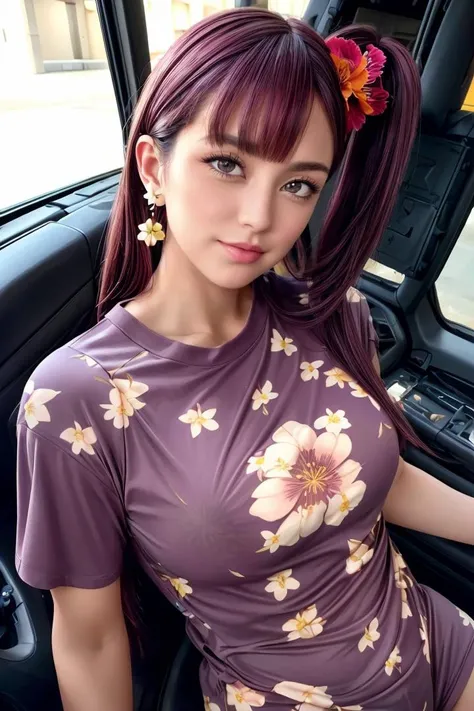 8k, best quality, real picture, intricate details, ultra-detailed, ultra highres, depth field,(photorealistic,realistic:1.2),masterpiece, <lora:add_detail:1>,
0.25 :: close-up , straight-on shot , dutch angle ,
1girl, louka,<lora:LoukaV1:0.8>, an extremely beautiful 18-year-old caucasian girl, (burgundy red eyes), (purple hair), 0.3 :: side ponytail , hair bangs, perfect shiny skin, flawless skin, fair skin, cleavage, earrings, light blush, looking at viewer, solo,
sci-fi,
chubby nipples under the clothes, sweat, seduction, nsfw,
(Floral print t-shirt with a mix of small and large flowers in vivid colors :1.3),
(0.125 :: The Teasingly Revealing: Partially exposing the body while strategically covering certain areas :1.3),
twilight ,
cockpit ,