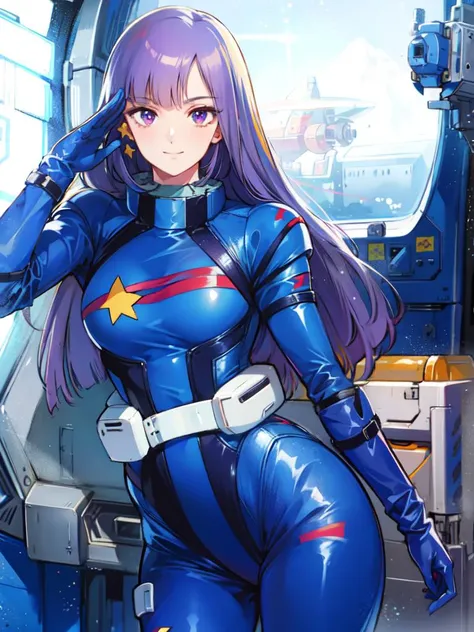 masterpiece,cg,best quality,highres,good anatomy,extremely delicate and beautiful,<lora:LoukaV1:1>,(semi-realistic:1.5),detailed eyes,perfect face,beautiful face,1girl,solo,louka,blue pilot suit, long hair, purple hair, latex suit, white belt,star mark, light smile,closed mouth, facing viewer,salute,standing beside window,cowboy shot,inside spacecraft,galaxy,planet,glass, <lora:GoodHands-vanilla:1>