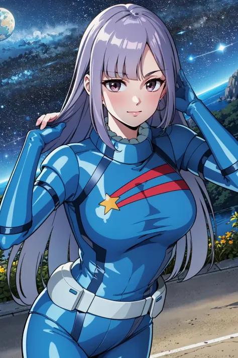 masterpiece, best quality, outdoor, 1girl,
 <lora:LoukaV2:1>louka, blue space suit, long hair,