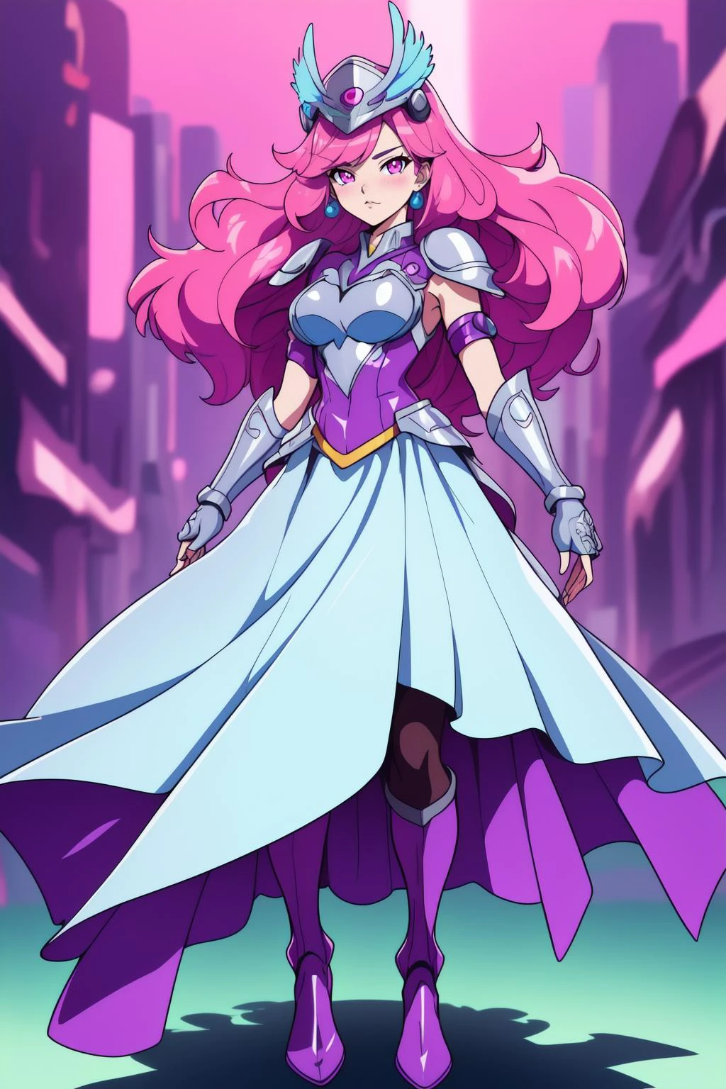 neonpunk style anime artwork, (red hair) hair, chignon hair, hair ornament <lora:Style_hud-PastelGothArt:0.6>hud_pstl_gth_styl (high quality, best quality, high detail, highres, 8k resolution) ((Noble)), Chivalrous Prestige, Polished ((steel wool blend ballgown)), Gleaming (steel gray), Breastplate (bodice), Flaring (skirt), (Silver) embossed heraldry, Floor-length, Steel calf boots, Lady Knight, Feathered helm, Steel visor veil . vibrant, studio anime, highly detailed, ((art by Hirohiko Araki)) (cel shading), line art . cyberpunk, vaporwave, neon, vibes, vibrant, stunningly beautiful, crisp, detailed, sleek, ultramodern, magenta highlights, dark purple shadows, high contrast, cinematic, ultra detailed, intricate, professional