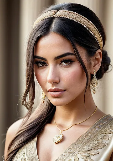 beautiful woman (Zayn3b4zz4m:.99), (as a roman senator), beautiful hair, elegant, ((portrait)), (closeup:1.1), ((from the waist up)), (sunlit enviroment:1.2), ((roman senate)), ((historic)), (at noon, no clouds:1.5) hair blowing in wind, wind lift, natural skin texture, ((wearing an expensive silk roman {stola | toga}:1.2)), 24mm, 4k textures, soft cinematic light, adobe lightroom, photolab, hdr, intricate, elegant, highly detailed, sharp focus, ((((cinematic look)))), soothing tones, insane details, intricate details, hyperdetailed, low contrast, soft cinematic light, exposure blend, hdr, faded,
