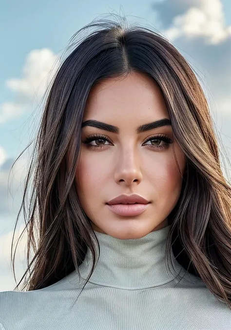 beautiful woman (Zayn3b4zz4m:.99), beautiful hair, elegant, ((portrait)), (closeup:1.1), ((from the waist up)), (sunlit city:1.2), (at noon, small clouds:1.5) hair blowing in wind, wind lift, natural skin texture, ((turtleneck leotard with spandex tights:1.2)), 24mm, 4k textures, soft cinematic light, adobe lightroom, photolab, hdr, intricate, elegant, highly detailed, sharp focus, ((((cinematic look)))), soothing tones, insane details, intricate details, hyperdetailed, low contrast, soft cinematic light, exposure blend, hdr, faded,