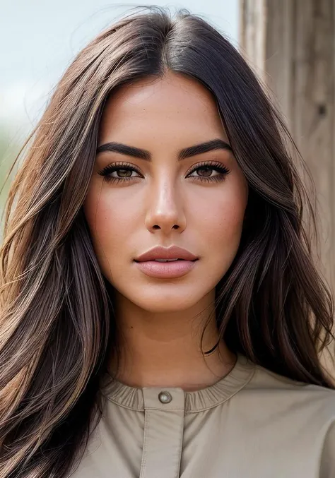 beautiful woman (Zayn3b4zz4m:.99), beautiful hair, elegant, ((portrait)), (closeup:1.1), ((from the waist up)), (sunlit enviroment:1.2), ((african savana)), (at noon, no clouds:1.5) hair blowing in wind, wind lift, natural skin texture, ((tan safari shirt:1.2)), 24mm, 4k textures, soft cinematic light, adobe lightroom, photolab, hdr, intricate, elegant, highly detailed, sharp focus, ((((cinematic look)))), soothing tones, insane details, intricate details, hyperdetailed, low contrast, soft cinematic light, exposure blend, hdr, faded,
