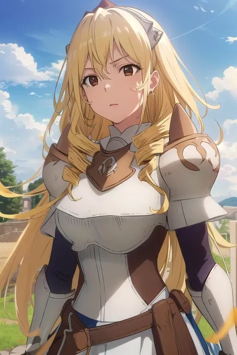 bozescopalesti, <lora:bozes co palesti s1s2-lora-nochekaiser:1>,
bozes co palesti, long hair, blonde hair, (brown eyes:1.5), drill hair,
BREAK skirt, gloves, cape, armor, shoulder armor, gauntlets, jewelry, earrings, breastplate,
BREAK outdoors, forest, nature, sun, sky, clouds, trees, grass,
BREAK looking at viewer, (cowboy shot:1.5),
BREAK <lyco:GoodHands-beta2:1>, (masterpiece:1.2), best quality, high resolution, unity 8k wallpaper, (illustration:0.8), (beautiful detailed eyes:1.6), extremely detailed face, perfect lighting, extremely detailed CG, (perfect hands, perfect anatomy),