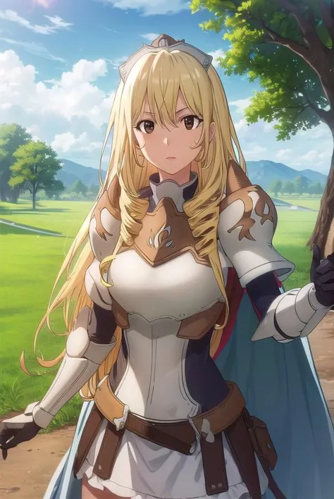 bozescopalesti, <lora:bozes co palesti s1s2-lora-nochekaiser:1>,
bozes co palesti, long hair, blonde hair, (brown eyes:1.5), drill hair,
BREAK skirt, gloves, cape, armor, shoulder armor, gauntlets, jewelry, earrings, breastplate,
BREAK outdoors, forest, nature, sun, sky, clouds, trees, grass,
BREAK looking at viewer, (cowboy shot:1.5),
BREAK <lyco:GoodHands-beta2:1>, (masterpiece:1.2), best quality, high resolution, unity 8k wallpaper, (illustration:0.8), (beautiful detailed eyes:1.6), extremely detailed face, perfect lighting, extremely detailed CG, (perfect hands, perfect anatomy),