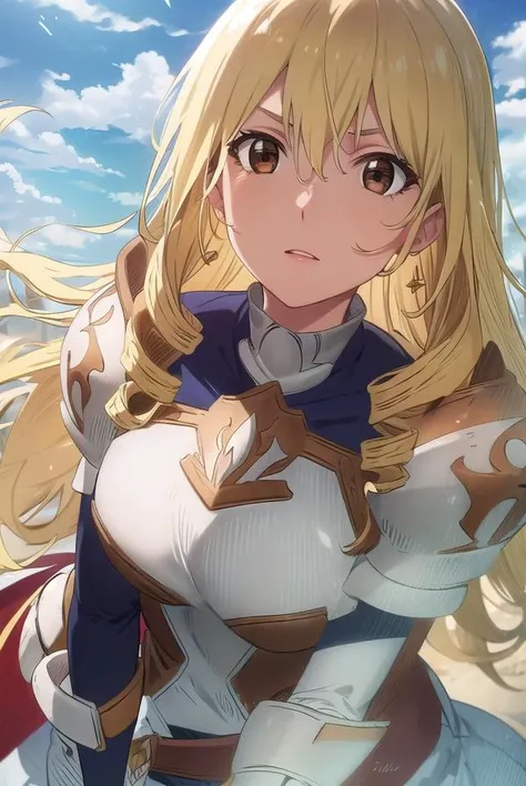 bozescopalesti, <lora:bozes co palesti s1s2-lora-nochekaiser:1>,
bozes co palesti, long hair, blonde hair, (brown eyes:1.5), drill hair,
BREAK skirt, gloves, cape, armor, shoulder armor, gauntlets, jewelry, earrings, breastplate,
BREAK outdoors, forest, nature, sun, sky, clouds, trees, grass,
BREAK looking at viewer, (cowboy shot:1.5),
BREAK <lyco:GoodHands-beta2:1>, (masterpiece:1.2), best quality, high resolution, unity 8k wallpaper, (illustration:0.8), (beautiful detailed eyes:1.6), extremely detailed face, perfect lighting, extremely detailed CG, (perfect hands, perfect anatomy),
