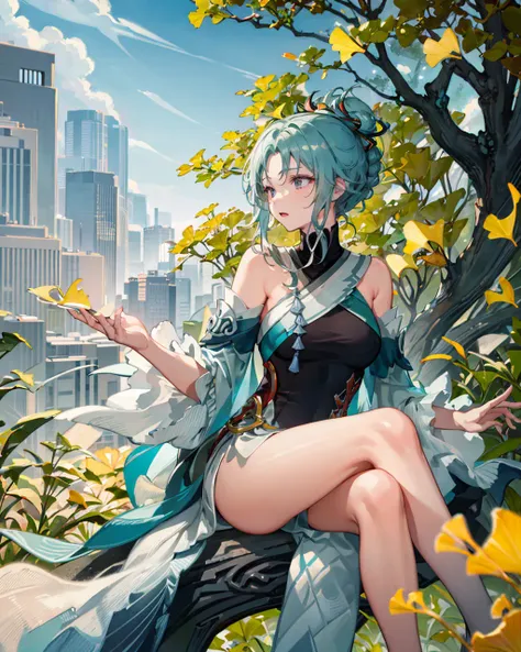 streetwardrambler,1girl,sitting,outdoors,garden,
 <lora:StreetwardRamblerMadamePingV1[streetwardrambler]:1>,  ginkgo leaf,