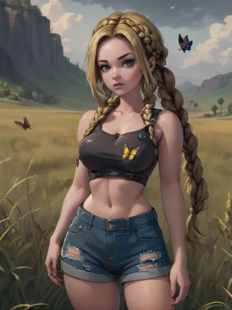 speedpaint, 1girl, woman, punk sweet girl, [:colorful costume design,:0.2], punk hair, dark goldenrod hair, parted bangs,Butterfly Braids torn denim shorts, bombshell hair, dark blonde hair, Infinity Braid, thicc hourglass figure, medium breasts, caucasian, (morning, scenery, in a Elusive Temperate Grassland:1) <lora:EnvySpeedPaintXL02:1.5>