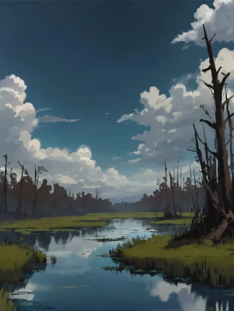 speedpaint, noon, blue sky, clouds scenery, in a Sterile Cursed Swamp <lora:EnvySpeedPaintXL02:1>